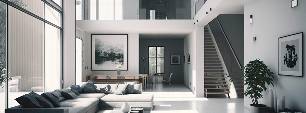 A greyscale shot of a modern apartment interior